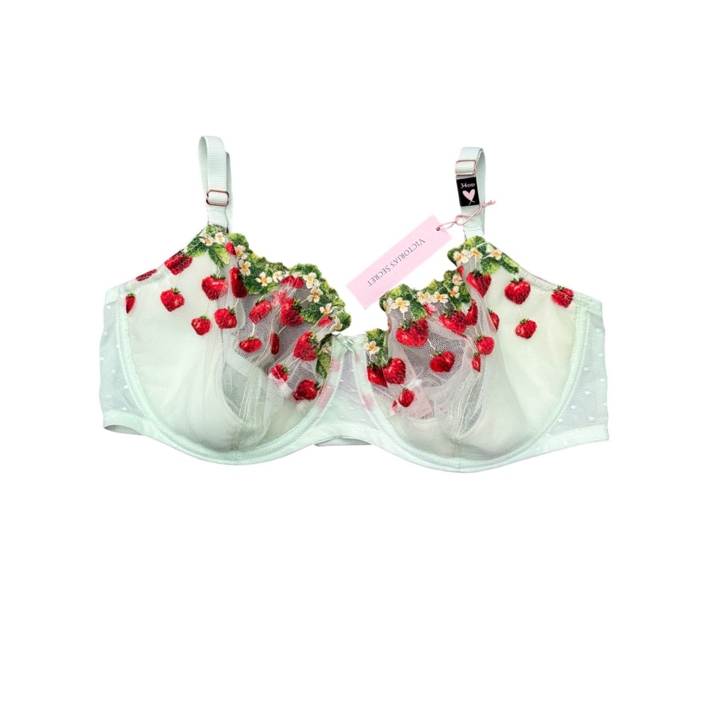 Victoria's Secret 34DD Mint Green Strawberry Embroidered Unlined Balconette Bra